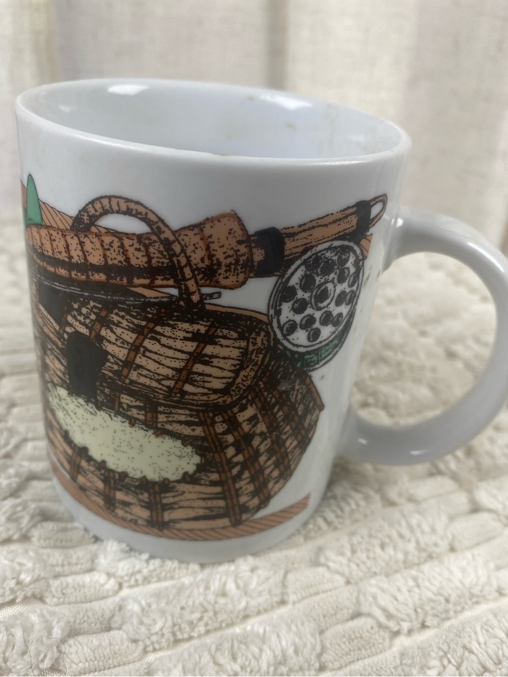 Vintage 80s Fly Fishing Mug Ceramic Trout Fisherman Creel Basket Tackle Gift Cup